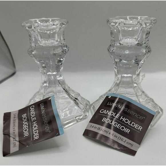 Candlesticks Pair 4" Clear Glass Crystal Taper Candle Holder Holiday Tablescape - Picture 2 of 5